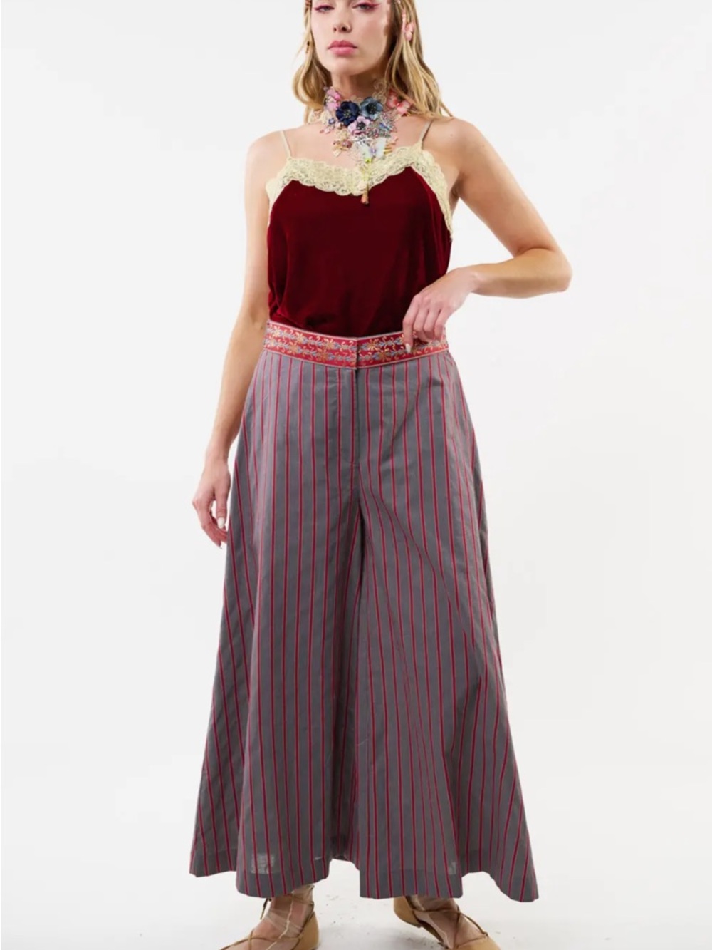 Aratta Gray Wide-Leg Pinstripe Palazzo Pants with Red Stripes